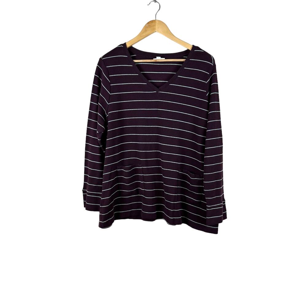 J. Jill Womens Burgundy Striped V-neck Tunic Top Size 2X Pockets Ribbed Casual